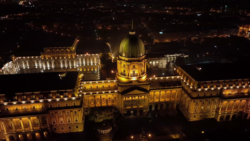 Aerial night view of Buda Castle Royal Palace in Budapest, Hungary 