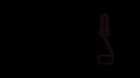 Glowing neon line Kitchen ladle icon isolated on black background. Cooking utensil. Cutlery spoon sign. 4K Video motion graphic animation.