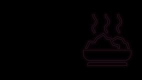 Glowing neon line Bowl of hot soup icon isolated on black background. 4K Video motion graphic animation.
