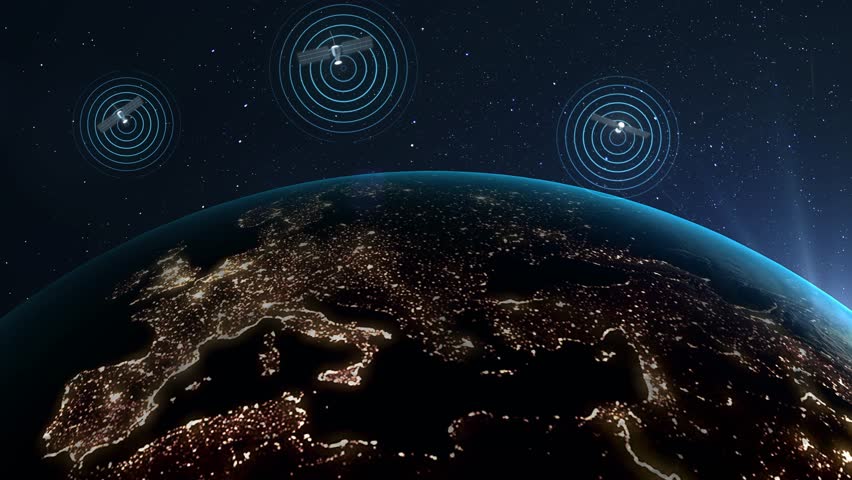 Telecommunication satellites transmit and broadcast digital signals across the surface of the earth. Visualization of data transmission via satellite communications. Wireless global network. High Royalty-Free Stock Footage #1098689401