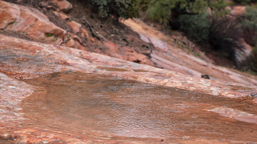Raindrops splashing in puddles of water on sandstone in Zion National Park.