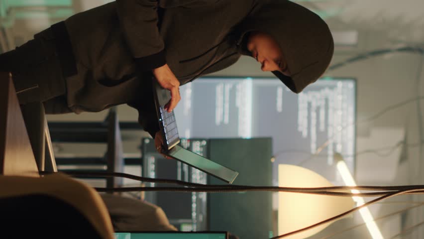 Vertical video: Team of skilled spies using knowledge of computer systems to access information, making online threats and asking ransom. Male thief hacking security network to steal data at night. | Shutterstock HD Video #1098692301
