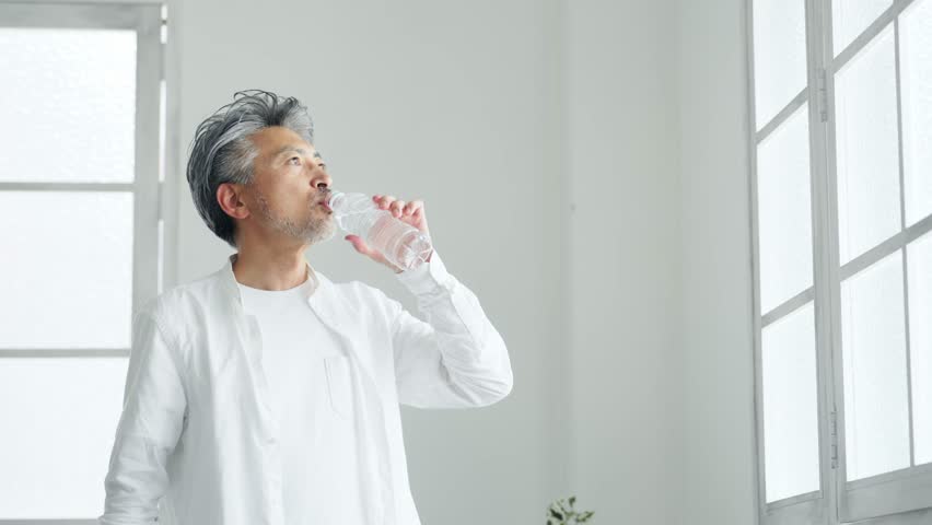 Asian elderly man drinking water in a stylish room. Hydration. Royalty-Free Stock Footage #1098693989