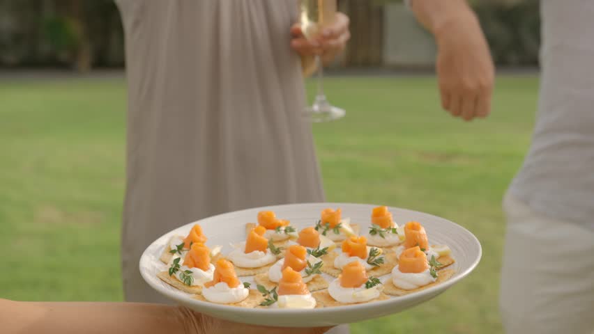 A plate with canapes outdoors, served for group, people take snacks from the plate | Shutterstock HD Video #1098697319