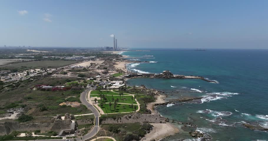 Caesarea ancient port, built by Herod the great, Aerial view