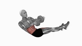 Dumbbell Straight Leg Russian Twist fitness exercise workout animation male muscle highlight demonstration at 4K resolution 60 fps crisp quality for websites, apps, blogs, social media etc.