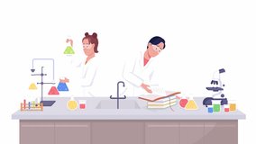 Animated science experiment at lab. Young researchers. Full body flat people on white background with alpha channel transparency. Colorful cartoon style HD video footage of characters for animation