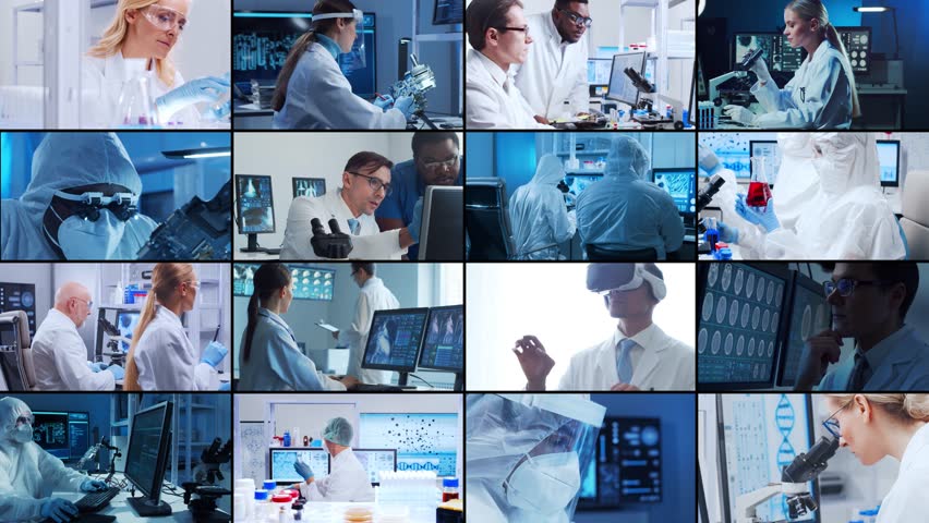 Science, research and laboratory work concept. Diverse people work in modern science labs. Doctors, professors and lab assistants conduct medical, nanotechnological and microelectronic research. Royalty-Free Stock Footage #1098703409