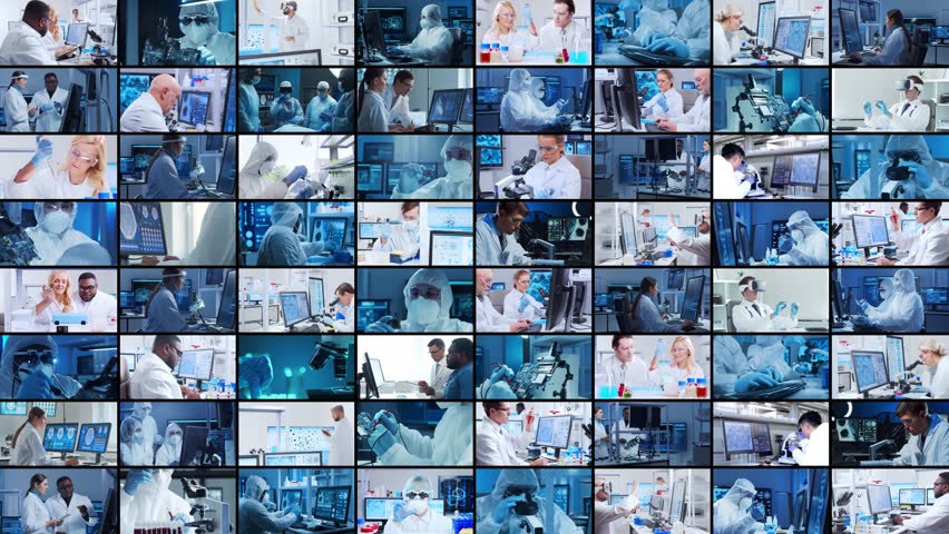 Science, research and laboratory work concept. Diverse people work in modern science labs. Doctors, professors and lab assistants conduct medical, nanotechnological and microelectronic research. Royalty-Free Stock Footage #1098703423
