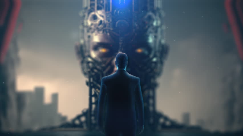 The Future of Humanity A Man Standing in Awe of the All-Powerful Artificial Intelligence Overlord Concepts of Technological Advancement Science Fiction and Dystopian Societies Additional Keywords Royalty-Free Stock Footage #1098711007
