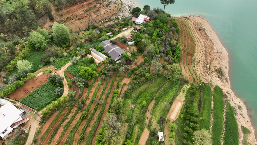 Farming on the banks of the river aerial view Alanya Turkey 4 K