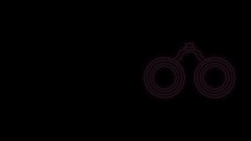 Glowing neon line Binoculars icon isolated on black background. Find software sign. Spy equipment symbol. 4K Video motion graphic animation.