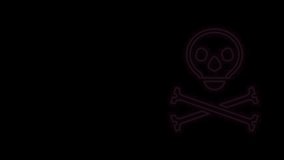 Glowing neon line Skull on crossbones icon isolated on black background. Happy Halloween party. 4K Video motion graphic animation.
