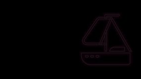 Glowing neon line Yacht sailboat or sailing ship icon isolated on black background. Sail boat marine cruise travel. 4K Video motion graphic animation.