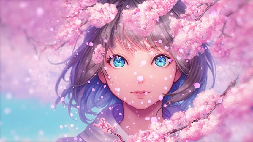 Beautiful Anime Girl in Sakura Blossom. 4k Wallpaper Royalty-Free Stock Footage #1098718763