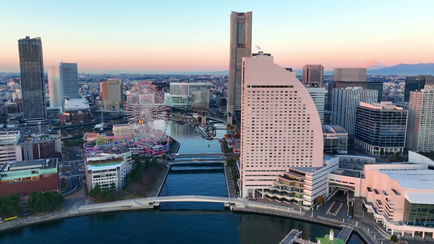 sunrise in Yokohama, aerial view of the biggest commercial port in Japan, Japanese urban landscape in Yokohama. High quality 4k footage