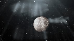 View of Mimas, Moon of Saturn discovered in 1789 by William Herschel. Elements of this Video furnished by NASA. 4K Resolution.