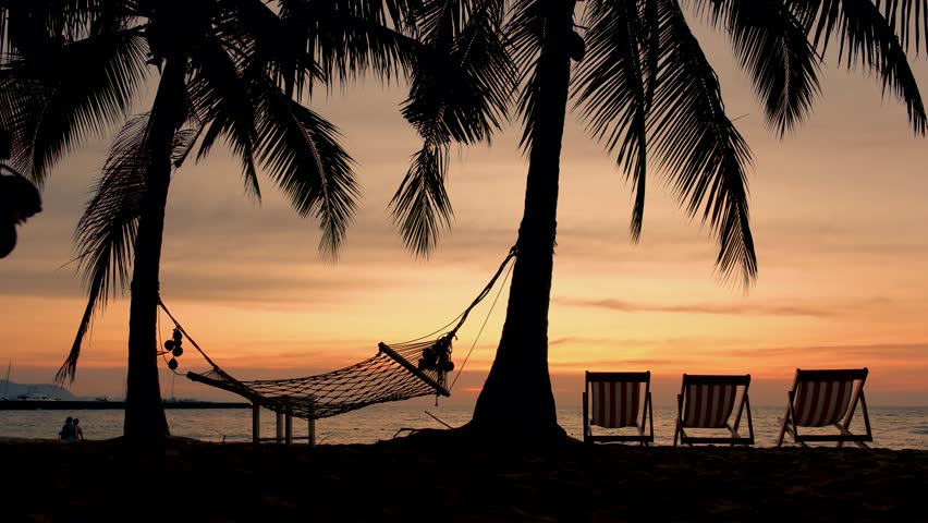 Hammock and beach chairs on the beach with palm trees during sunset at Na Jomtien Beach Pattaya Thailand. | Shutterstock HD Video #1098721205