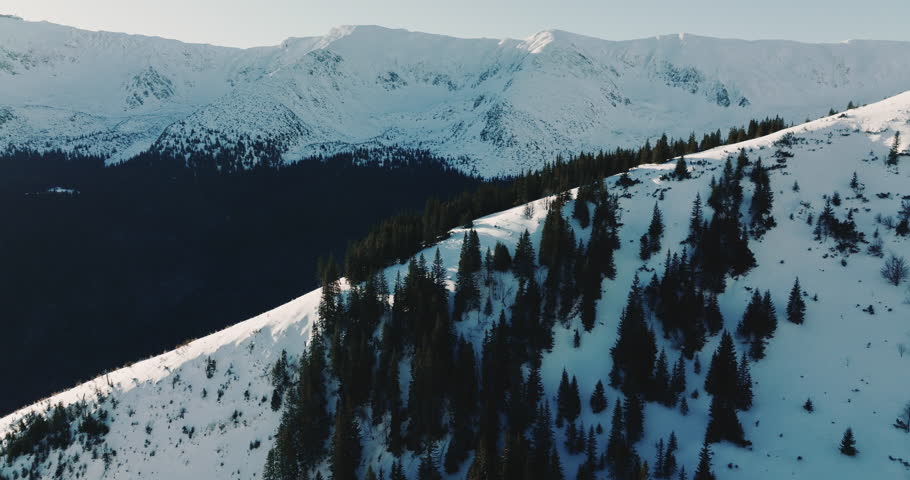Drone flies over evergreen forest rocks towards large snow covered mountain ridge on cold winter sunny morning.
