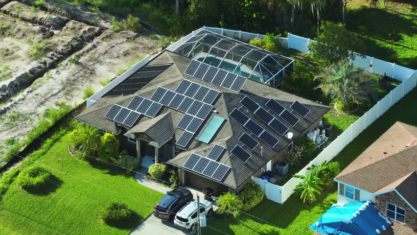 Standard american residential house with rooftop covered with solar photovoltaic panels for producing of clean electrical energy in suburban rural area. Concept of investment in autonomous home | Shutterstock HD Video #1098724159