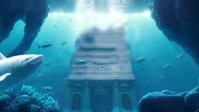 Relaxing realistic underwater life with mystical whale, reef and ancient ruins. Undersea scene 3D video background.