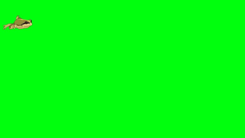 (Green screen animation) The green frog character swims in the water and then jumps out of the water and sits on the platform.
Chroma key.