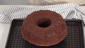 Time lapse. Step by step. Cooling freshly baked chocolate bundt cake on a cooling rack.