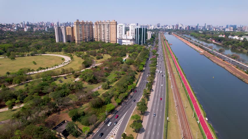Marginal Pinheiros Road At Sao Paulo Brazil. Road Bridge. Infrastructure Skyline Metropolitan Amazing. Infrastructure Cityscape Metropolitan Business Center Business.
