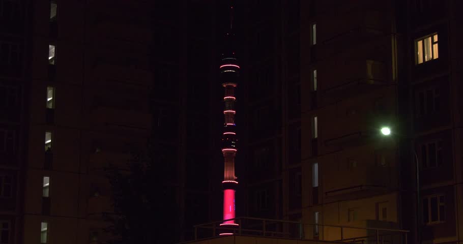 4K summer night video of Ostankino district, buildings and famous TV tower in the city center, Moscow, Russia
