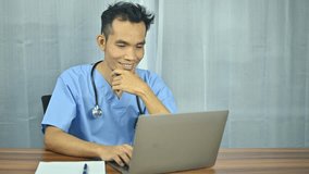 Doctor telemedicine online consult healthcare. doctor talking to online patient on laptop screen sitting at clinic office desk giving online consultation for domestic health treatment. Telemedicine 