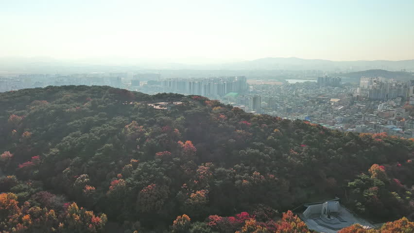 Suwon: Aerial view of city in South Korea, Paldal Park with trees in autumn colors, clear blue sky - landscape panorama of Eastern Asia from above