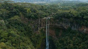 Aerial drone video of tropical forest and Chamarel Waterfall in Mauritius, Black River