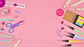 6k School stationery moving on pastel pink background with copy space. Stop motion - Powered by Shutterstock - Get 15% off with code: PIKWIZARD15