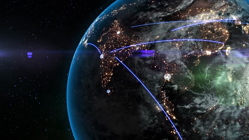 Night planet with connecting lines linking different cities. Concept of data exchange, information dissemination, global digital network, data transmission, international trade. Air travel routes. 4k  | Shutterstock HD Video #1098748423