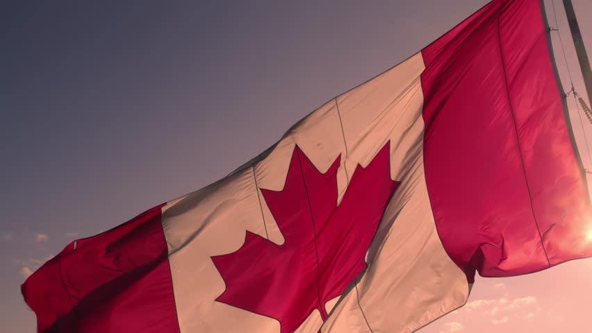 Canadian flag flies on flagpole. National flag of Canada waving in Toronto, Ontario, Canada for honour.