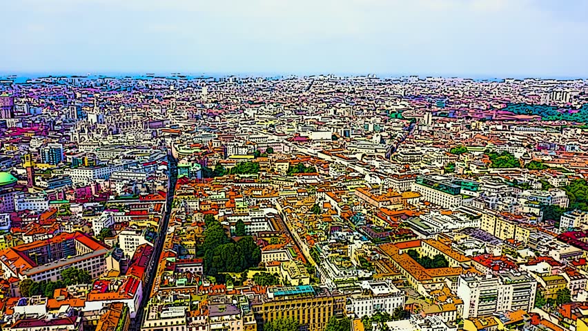 Milan, Italy. A sweeping aerial panorama captures the dense historic city center, where a sea of traditional red-tiled rooftops stretches toward the horizon under a pale, partly cloudy sky. The view encompasses the distinctive silhouette of the Duomo di Milano rising above the urban fabric, together with the Castello Sforzesco and the modern skyline beyond. Rendered in a vibrant cartoon sketch aesthetic with bold outlines and saturated colors, the scene blends historic architecture with contemporary towers. The Torre Branca, a 108.6 meter steel observation tower designed by Gio Ponti and built in just 68 days, offers this elevated perspective over Parco Sempione and the city. Lush green tree canopies punctuate the foreground, contrasting with the warm terracotta and ochre tones of the rooftops. The overall atmosphere is bright and lively, capturing the essence of a major European destination in summer daylight. Color sketch in cartoon style.
