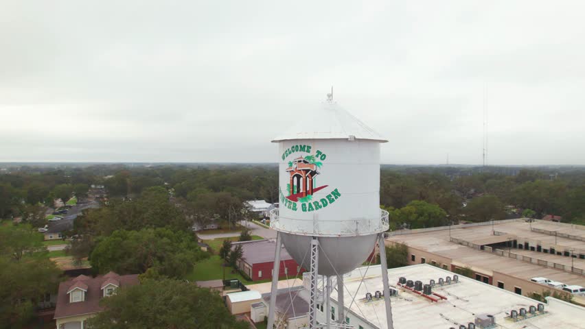 Aerial circle view of of the charming and quaint city of Downtown Winter Garden, Florida