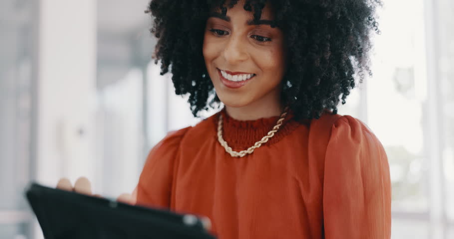 Office. smile and business woman with tablet checking email or research for marketing project at startup. Social media, surfing internet or black woman checking work schedule online at small business | Shutterstock HD Video #1098757863