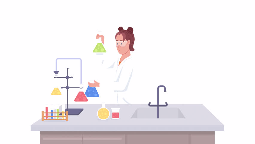 Animated teen scientist with flask. Academic subject. Full body flat person on white background with alpha channel transparency. Colorful cartoon style HD video footage of character for animation