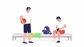 Animated student athletes talking. Positive feedback. Full body flat people on white background with alpha channel transparency. Colorful cartoon style HD video footage of characters for animation