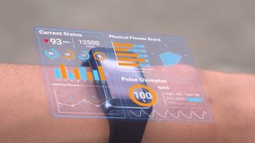 Futuristic hologram infographic display on smartwatch, 3d rendering medical data user interface screen app on hi-tech watch, heart rate SpO2 scanning and physical health condition UI technology - Powered by Shutterstock - Get 15% off with code: PIKWIZARD15
