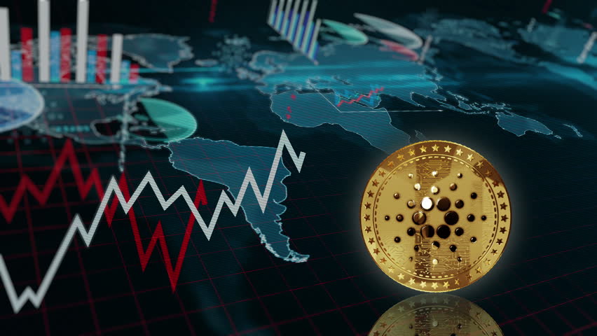 Cardano ADA cryptocurrency golden coin turning over the chart. Price trend graph with growing and falling line. Online payment and transaction 3d abstract concept. Loopable and seamless. | Shutterstock HD Video #1098767101