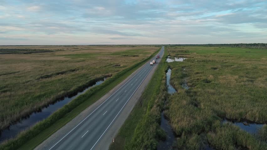 Aerial view of an intercity road with traffic between green fields in marshland. Beautiful summer landscape.