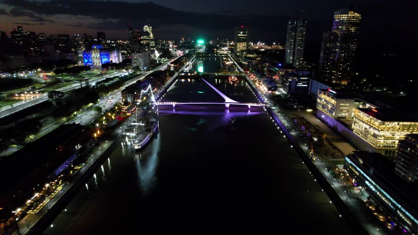 Woman Bridge At Buenos Aires Buenos Aires Argentina. Cityscapes Urban Aerial. Night Horizon Downtown Cityscape. Night Outside Downtown District Panning Wide. Night Cityscape Building Architecture.