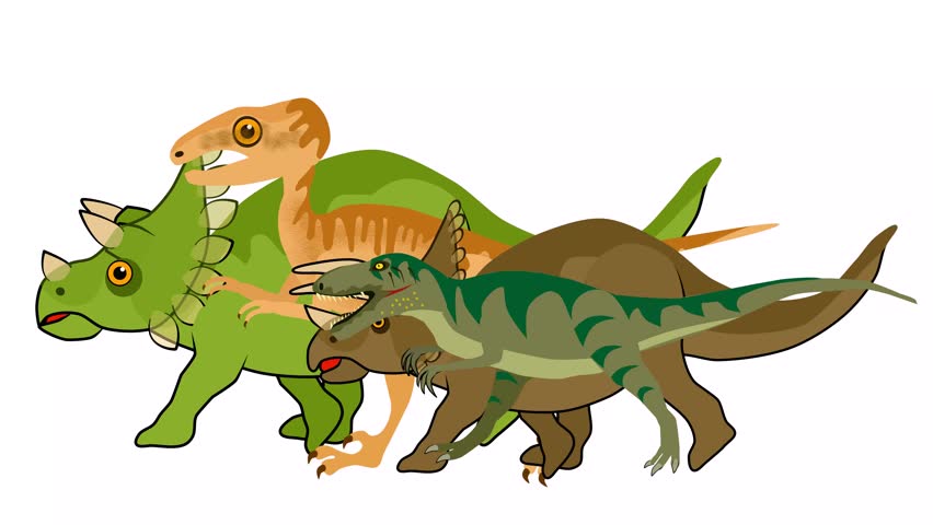 Group of Cartoon green dinosaur  walks 2d animation clip on walk background