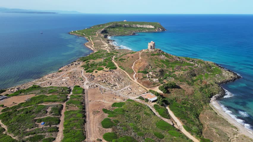Archaeological Site Tharros and Capo San Marco in San Giovanni di Sinis, Sardinia - 4k Aerial