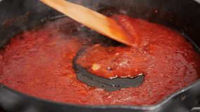 Stir tomato sauce. Cooking tomato sauce with garlic in pan. 4K UHD video