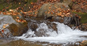 Beautiful small river in the mountains, autumn wild nature. Cinema 4K Slow Motion one minute relax video