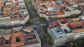 Aerial view of Budapest, Andrassy Avenue, Oktogon square, Pest. Hungary