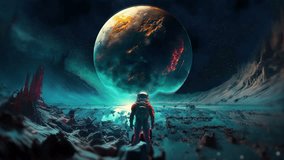 Astronaut watches destruction of a discovered alien planet in space. Black hole, destructive glowing cosmic matter. Cinematic abstract science fiction background seamless loop 3D video.